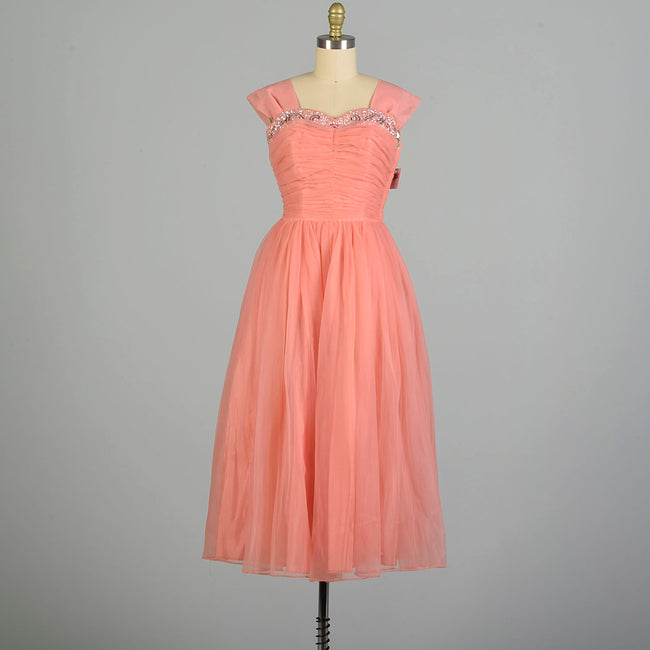 Small 1950s Pink Coral Prom Dress Bead Embellished Ruched Chiffon Bodice