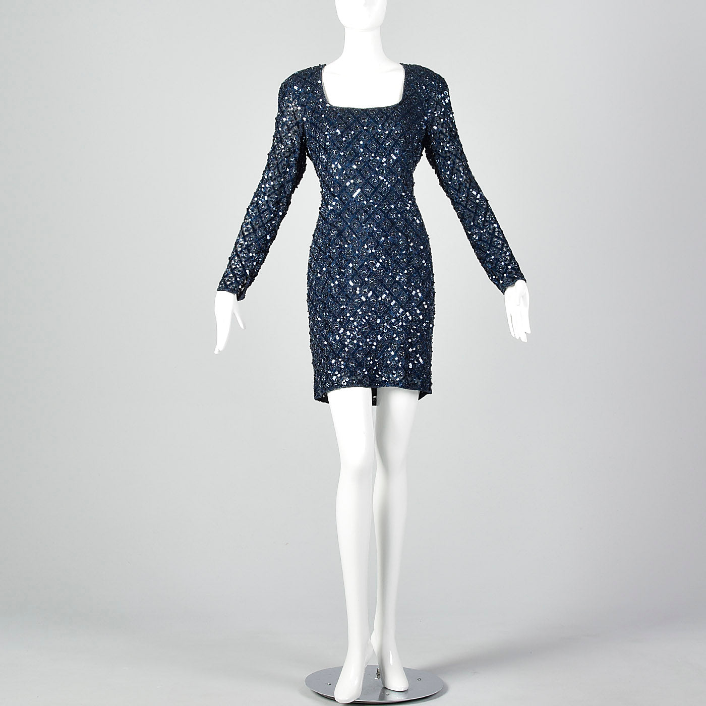 1990s Oleg Cassini Blue Beaded Cocktail Dress