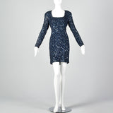1990s Oleg Cassini Blue Beaded Cocktail Dress