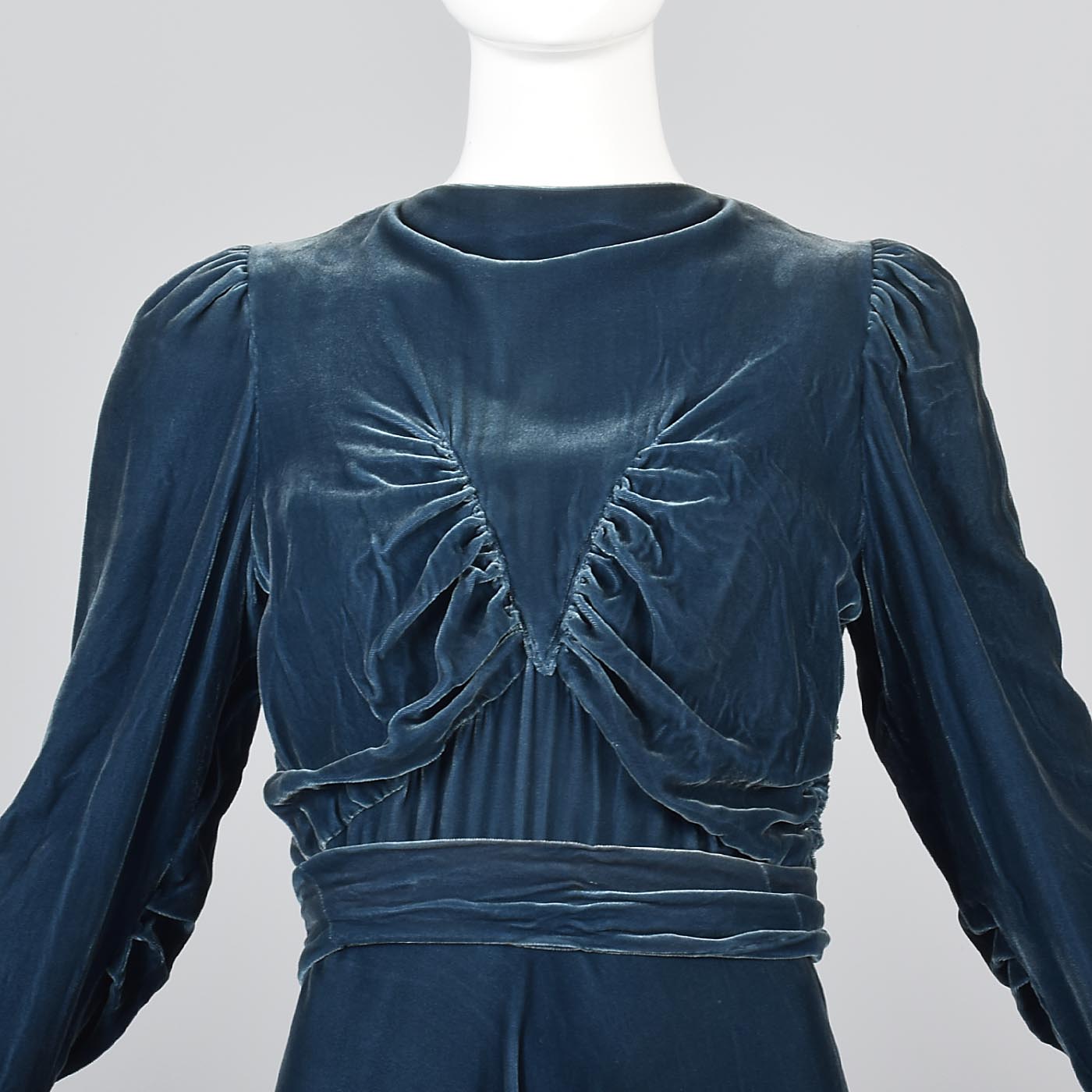 1930s Blue Velvet Gown with Gathered Bodice