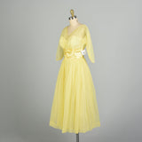 Medium 1950s Lemon Yellow Semi-Sheer Cummerbund Evening Party Prom Dress