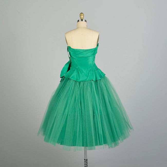 XS 1950s Kelly Green Tulle Prom Dress Strapless Taffeta Peplum Bodice Rose Embellishments