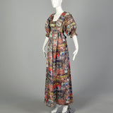 XS Maxi Dress 1970s Tie Back Waist Flowy Novelty Print