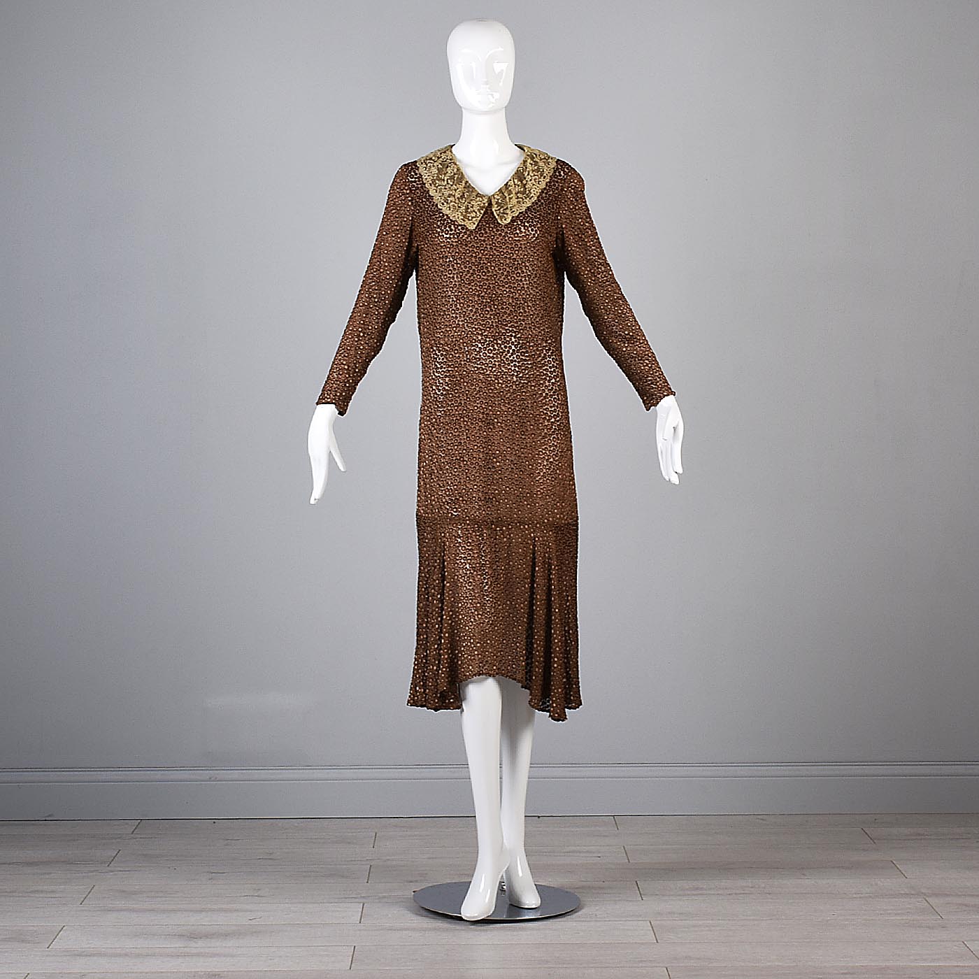 1920s Brown Silk Dress with Lace Trim