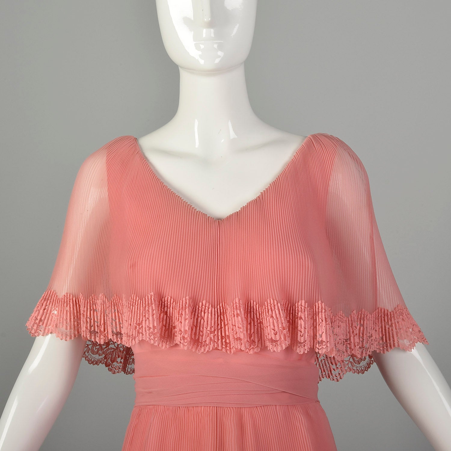 Medium 1970s Miss Elliette Dress Pleated Tiered Maxi Gown Pink Lace Capelet