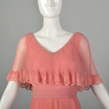 Medium 1970s Miss Elliette Dress Pleated Tiered Maxi Gown Pink Lace Capelet