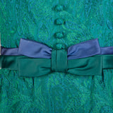 XS 1960s Blue Green Brocade Cocktail Dress Sleeveless Jewel Tone V-Neck Party Dress
