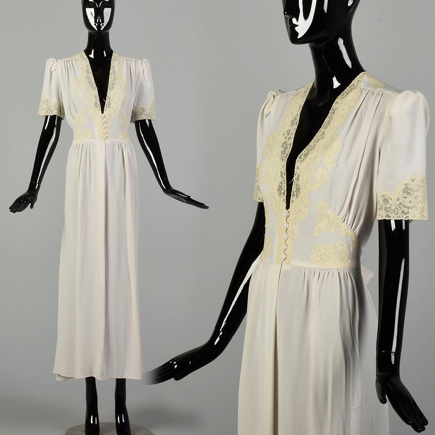 Large 1940s Dress Low Cut Tie Back Waist Crepe Shortsleeve Bridal Wedding Gown