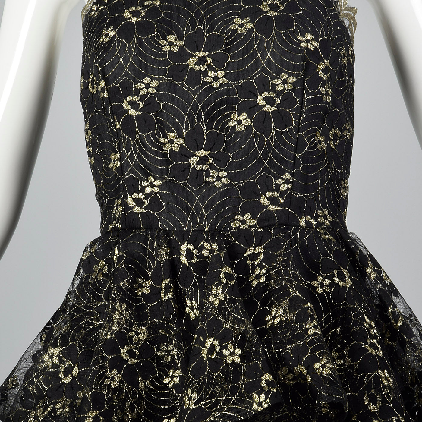1980s Lillie Rubin Black & Gold Lace Dress with Layered Skirt