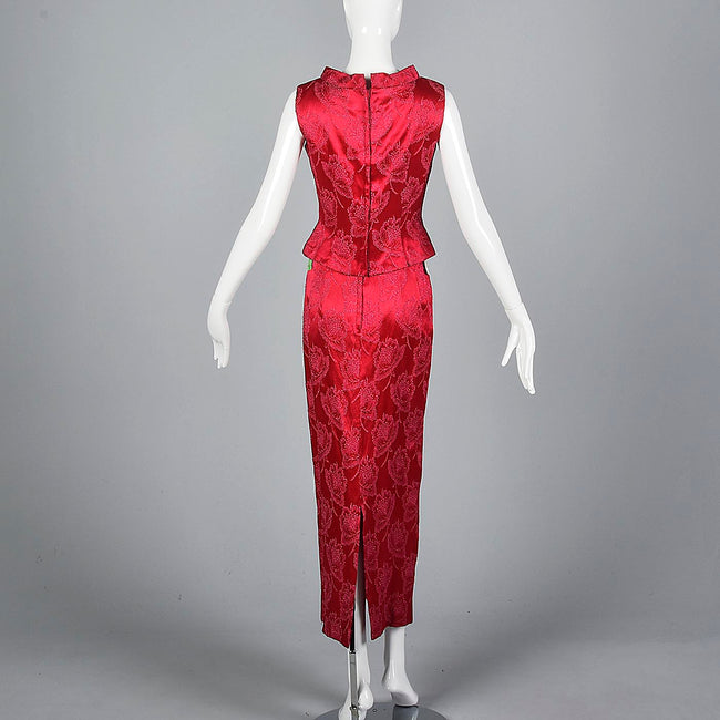 1960s Dark Pink Floral Top and Skirt Set