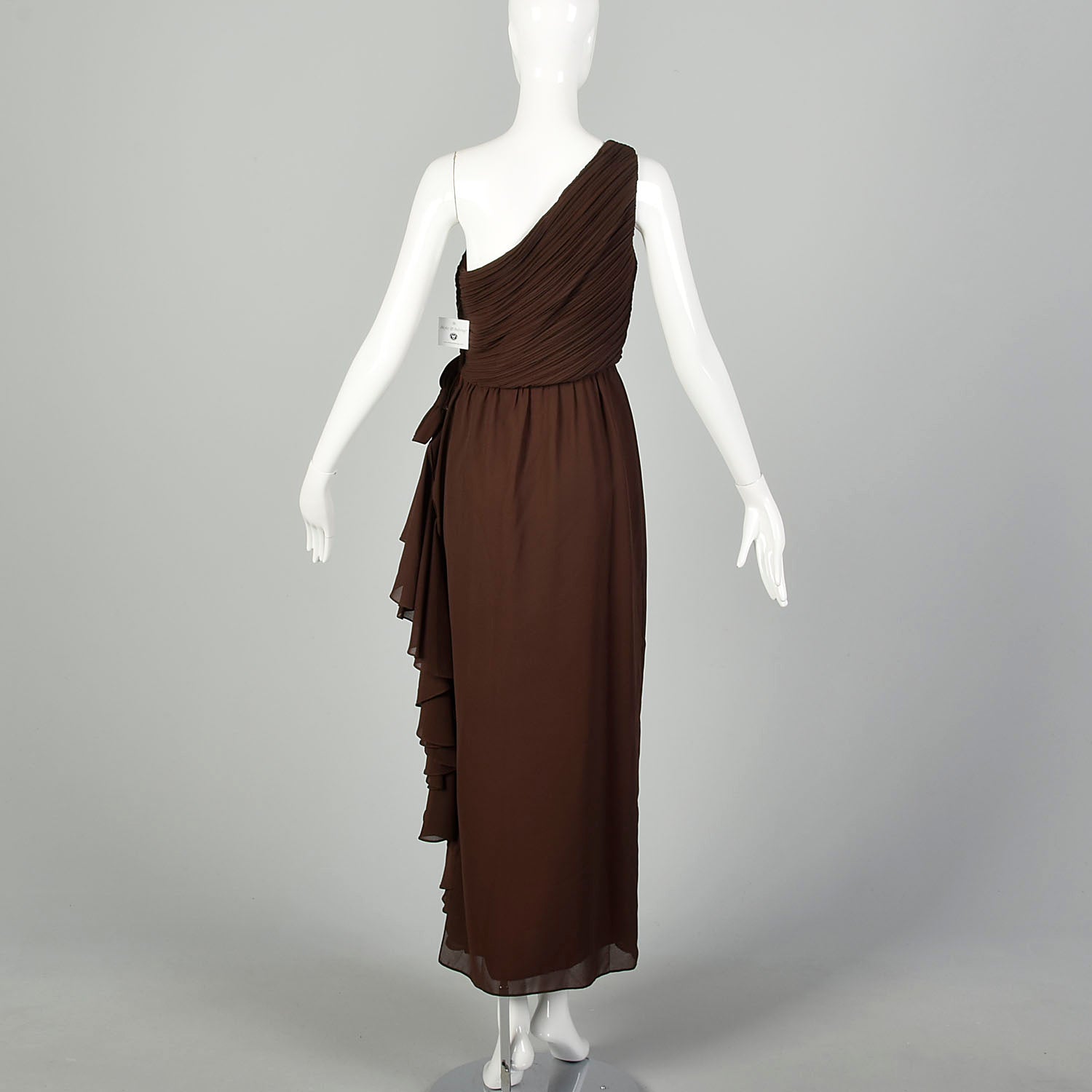 XS 1980s Morton Myles Brown Asymmetric One-Shoulder Maxi Dress