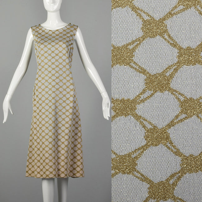 Small Pierre Balmain 1970s Gold and Ivory Sleeveless Dress 70s