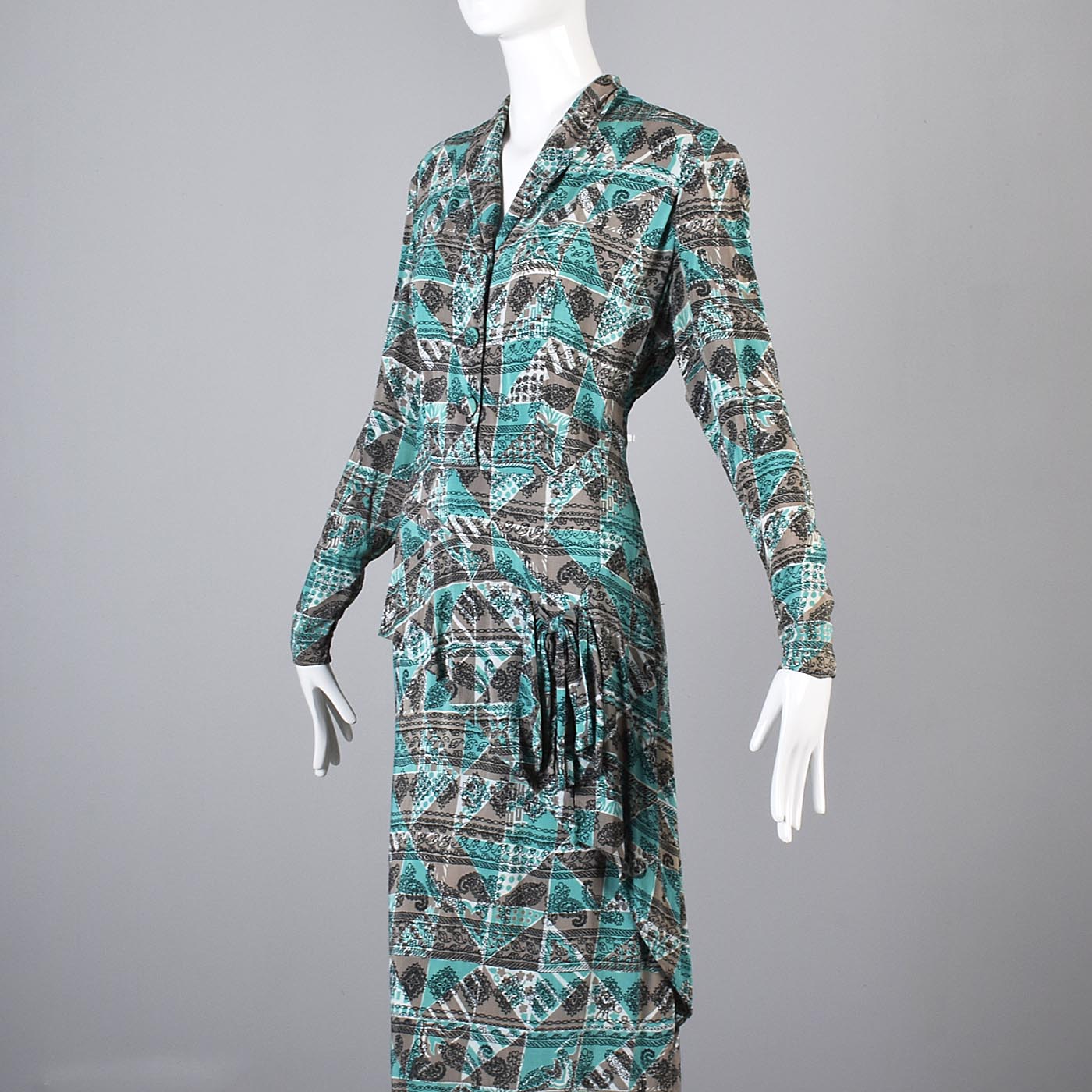 1940s Aqua Blue and Taupe Rayon Dress