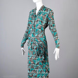 1940s Aqua Blue and Taupe Rayon Dress