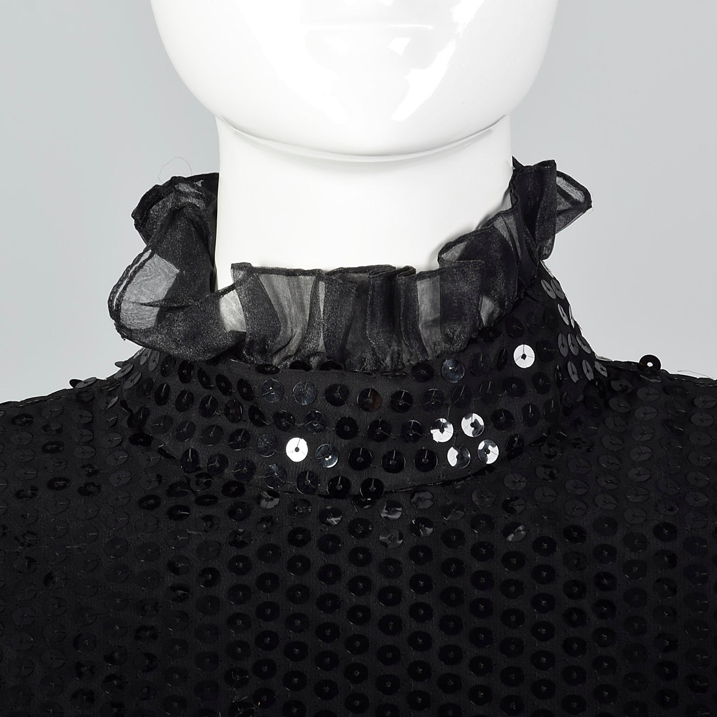 1980s Tadashi Black Sequin Dress with Drop Waist and Ruffle Skirt