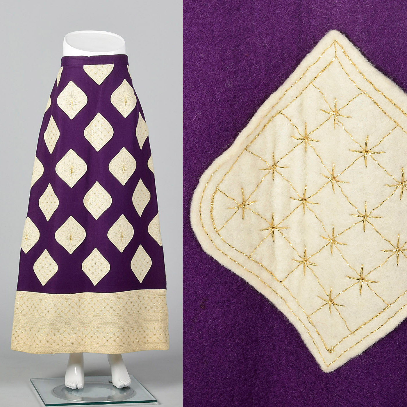 1970s Malcolm Charles Maxi Skirt, Purple Felt with Appliques