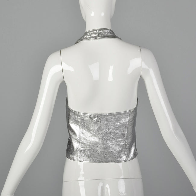 1980s Silver Leather Vest with Zip Front