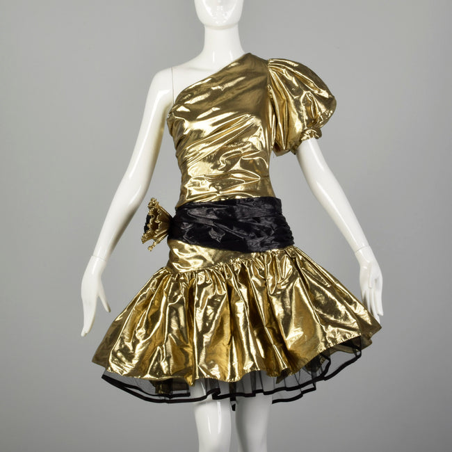 Medium 1980s Gold Lamé Prom Dress Asymmetric Drop Waist