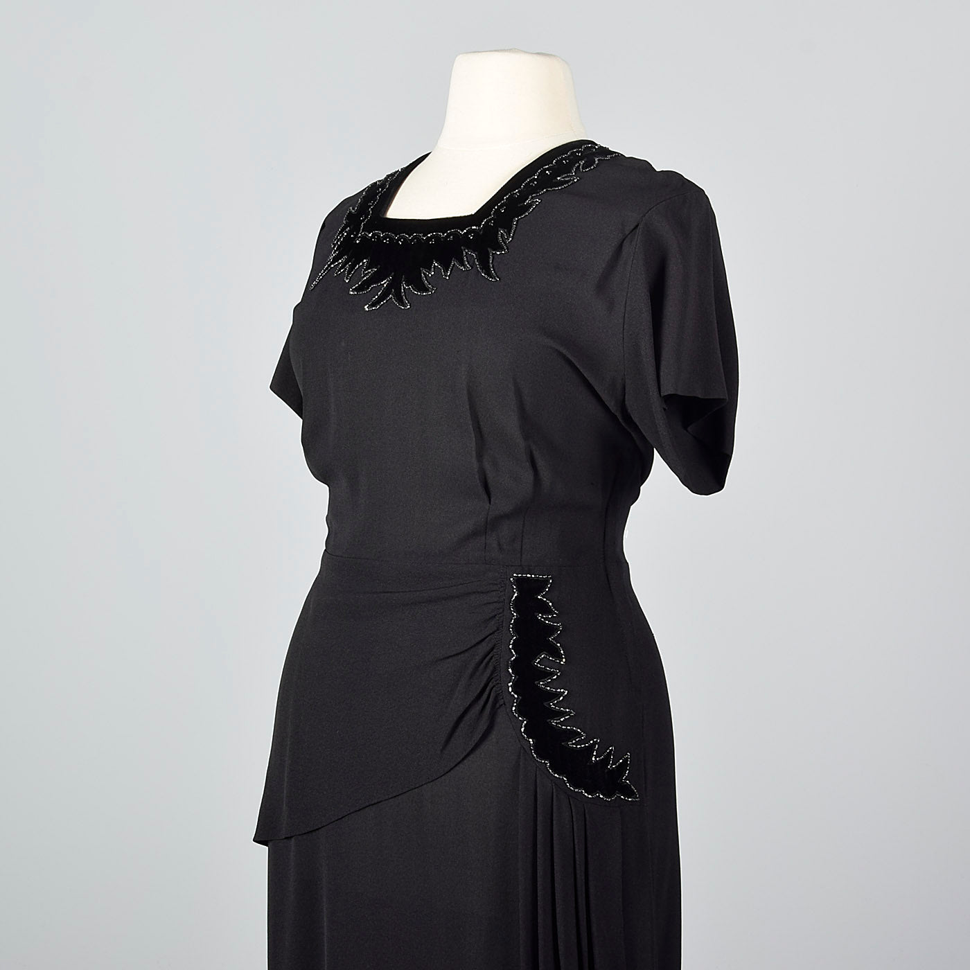 1950s Black Rayon Dress with Velvet Trim