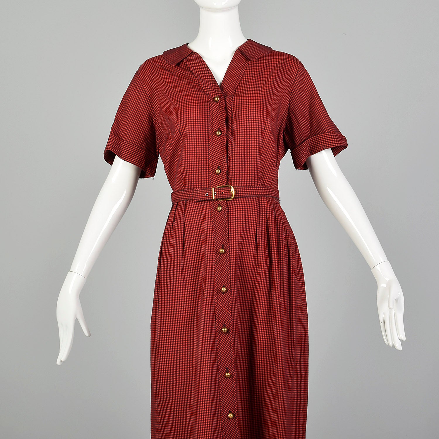 XL 1950s Red and Black Gingham Day Dress