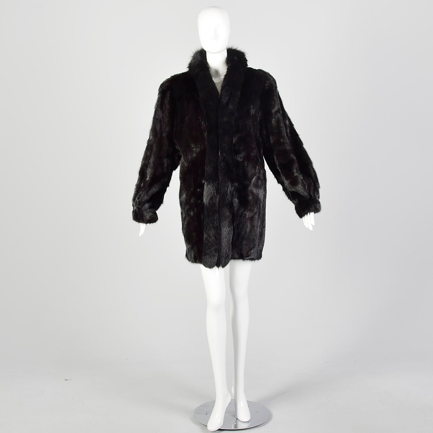 Large 1980s Black Mink Coat with Fox Fur Lapel