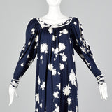 1980s Leonard Paris Navy Blue Floral Dress