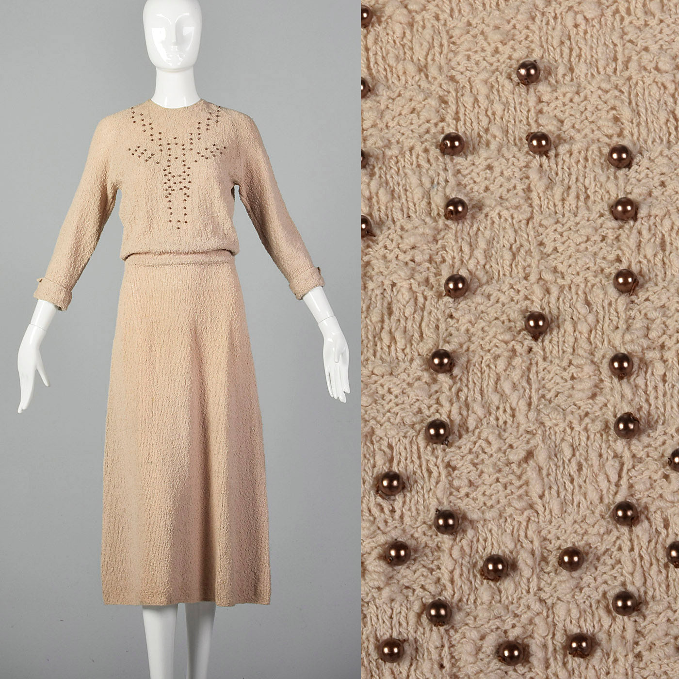 1940s Taupe Knit Dress with Beaded Bust 1940s Taupe Knit Dress with Beaded Bust