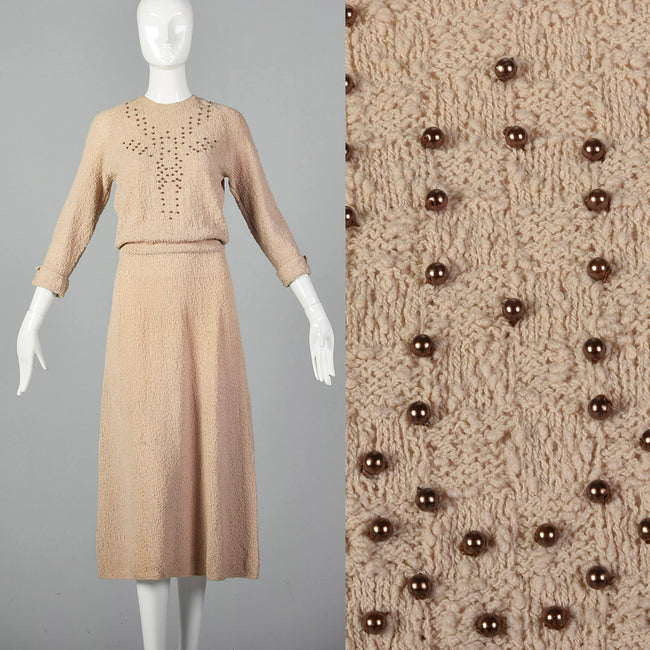 1940s Taupe Knit Dress with Beaded Bust