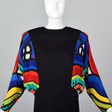 1980s Black Knit Dress with Colorful Silk Batwing Sleeves