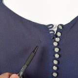 Small 1930s Blue Dress Bias Cut Rhinestone Slit Long Sleeve Evening Gown
