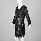 1970s Frank Usher Black Beaded Silk Dress