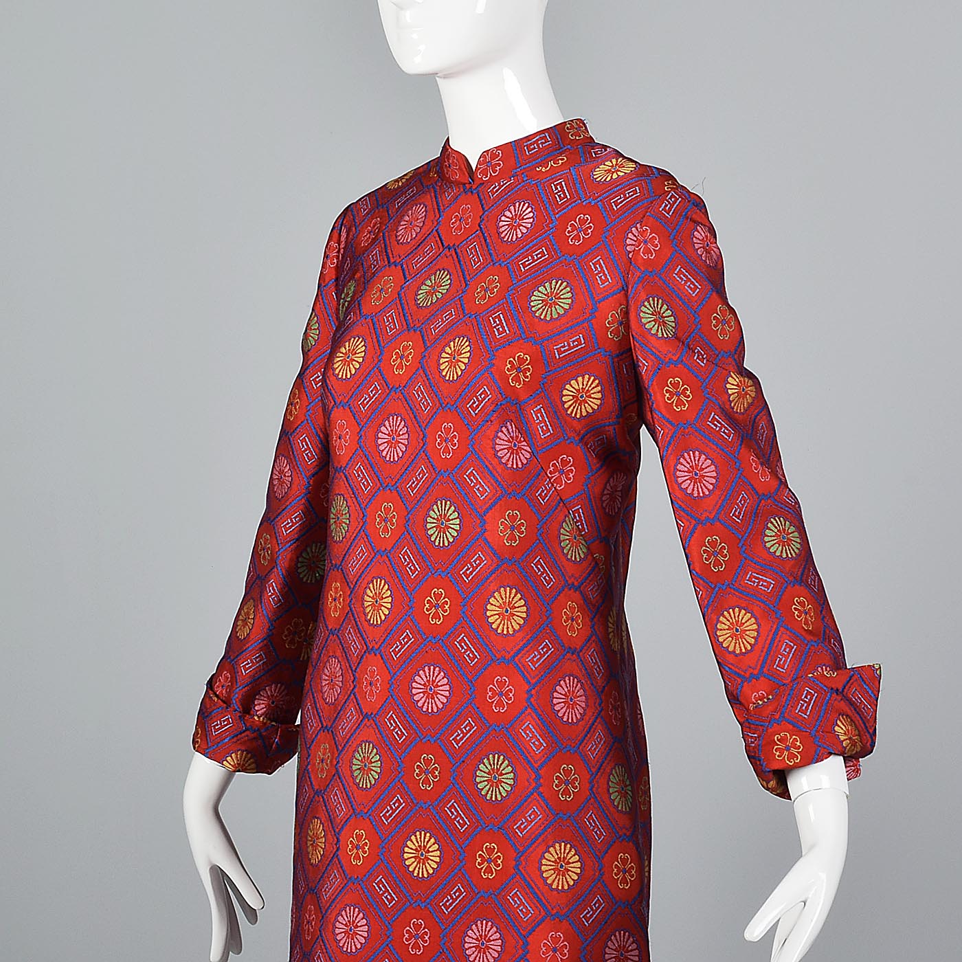 1970s Adele Simpson Red Silk Brocade Dress