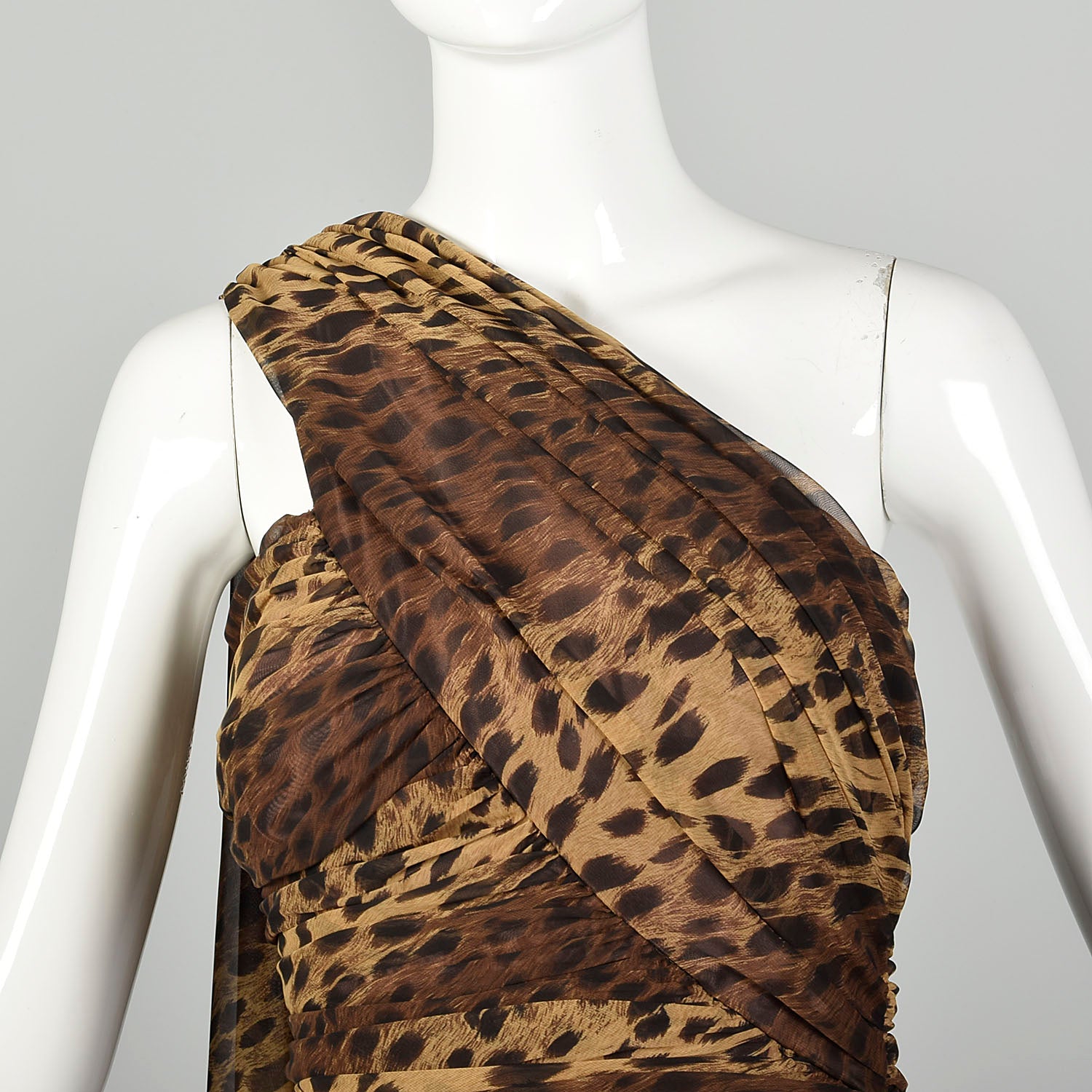 Small 1990s Tadashi Animal Print Dress Brown One Shoulder Asymmetric Hem