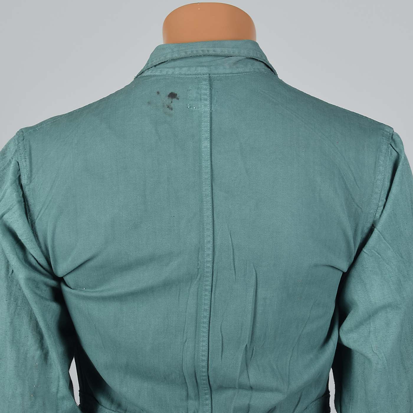 1940s Mens Green Herringbone Belted Workwear Coveralls