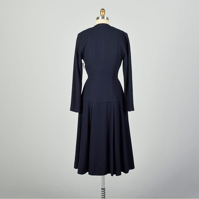 XXS 1950s Navy Blue Princess Coat Hourglass Coat Dress Winter Weight Wool