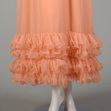 XS 1960s Lillie Rubin Sherbet Gown Maxi Evening Dress Flowy Modest Orange Pastel Long Sleeve Ruffle