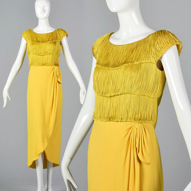 1960s Bright Yellow Cocktail Dress with Fringe Bodice