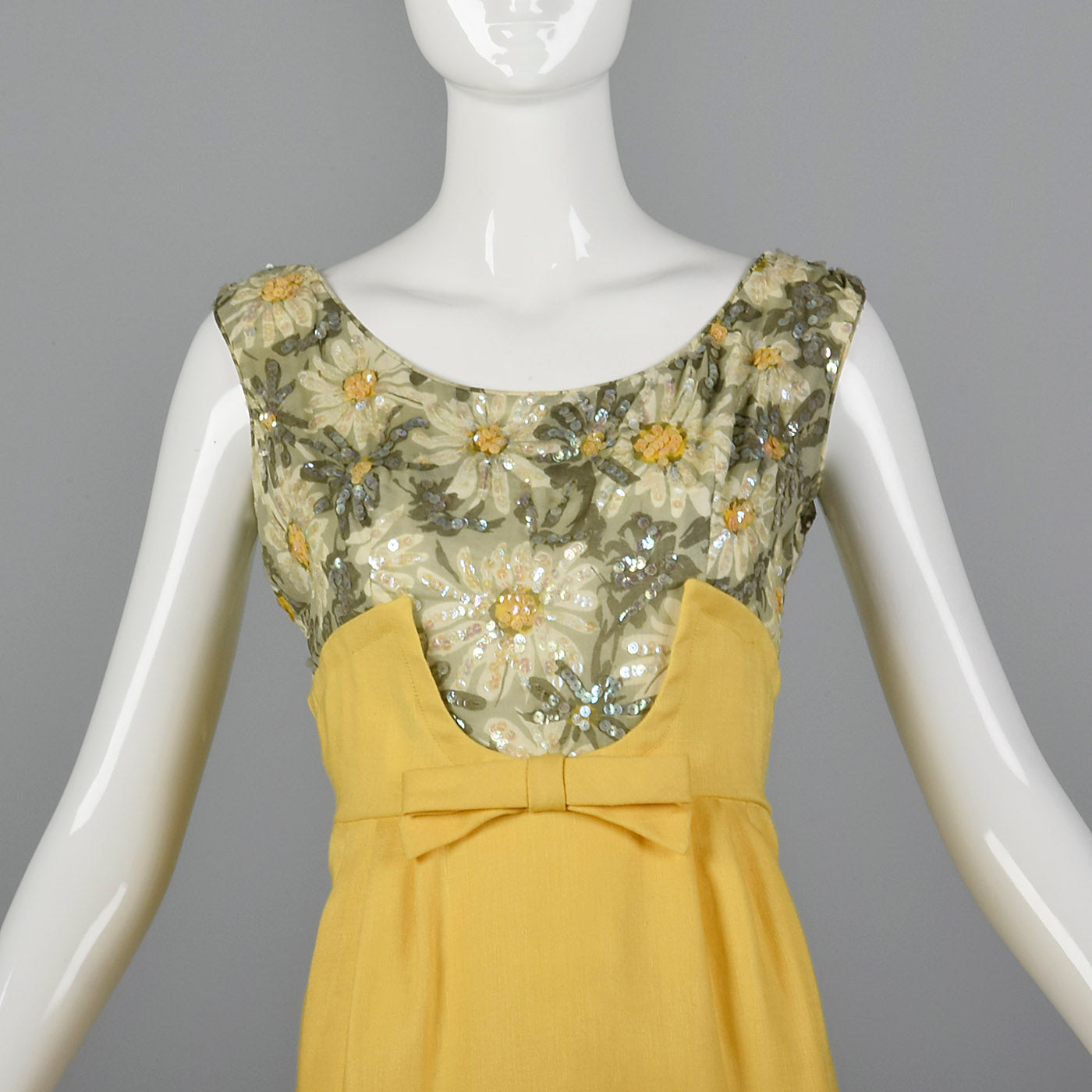 1960s Yellow Linen Dress with Sequin Floral Top
