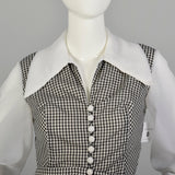 Small 1970s Romper Black and White Checkered Lace Overskirt Sheer Longsleeves