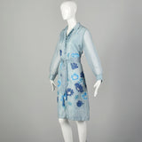 Large 1970s Dress Blue Lightweight Flower Long Sleeve Tassel Belted
