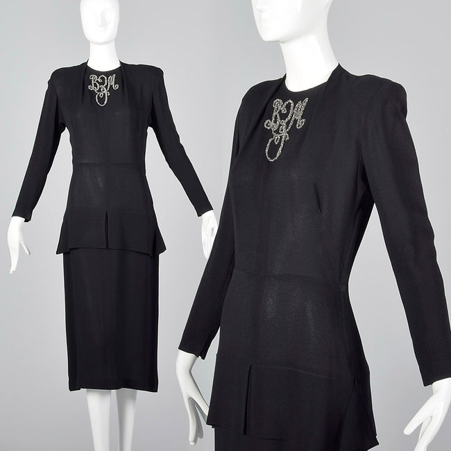 1940s Black Rayon Dress with Silver Beaded Monogram