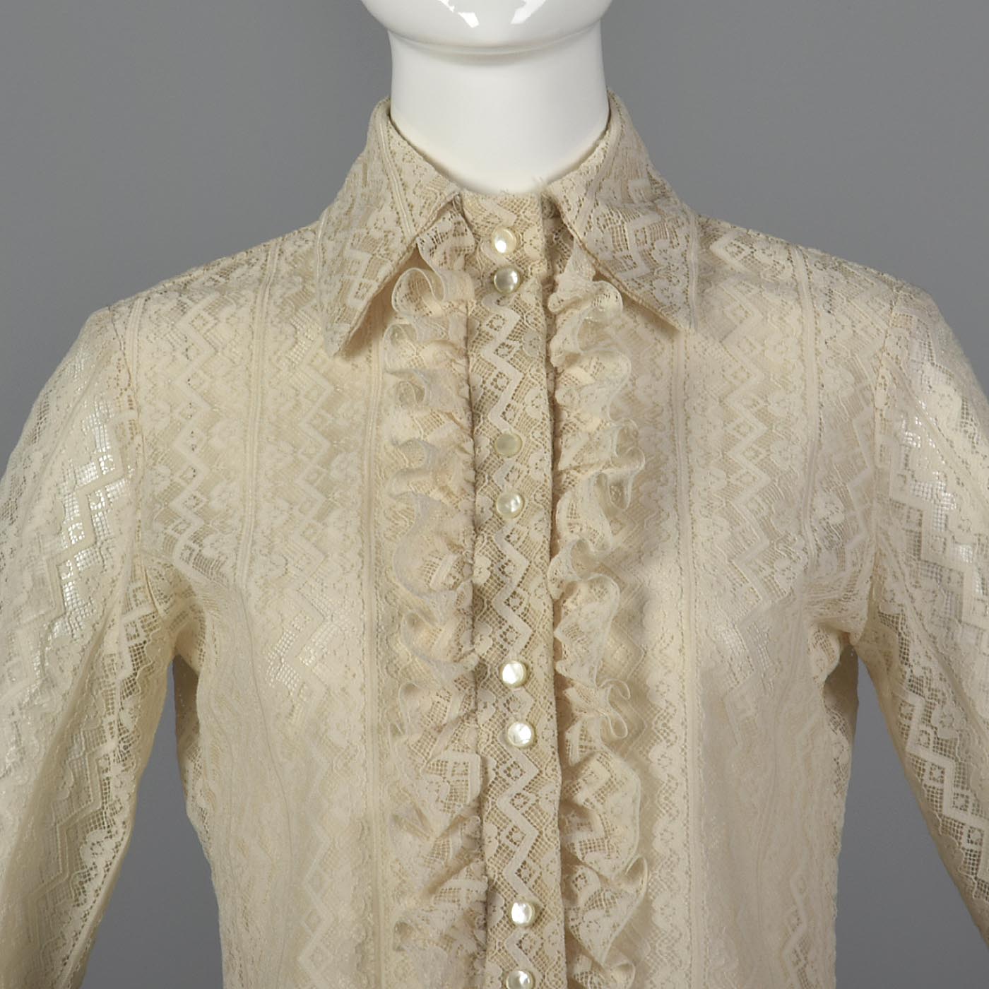 1970s Lace Blouse with Tuxedo Ruffle Front