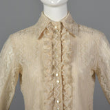 1970s Lace Blouse with Tuxedo Ruffle Front