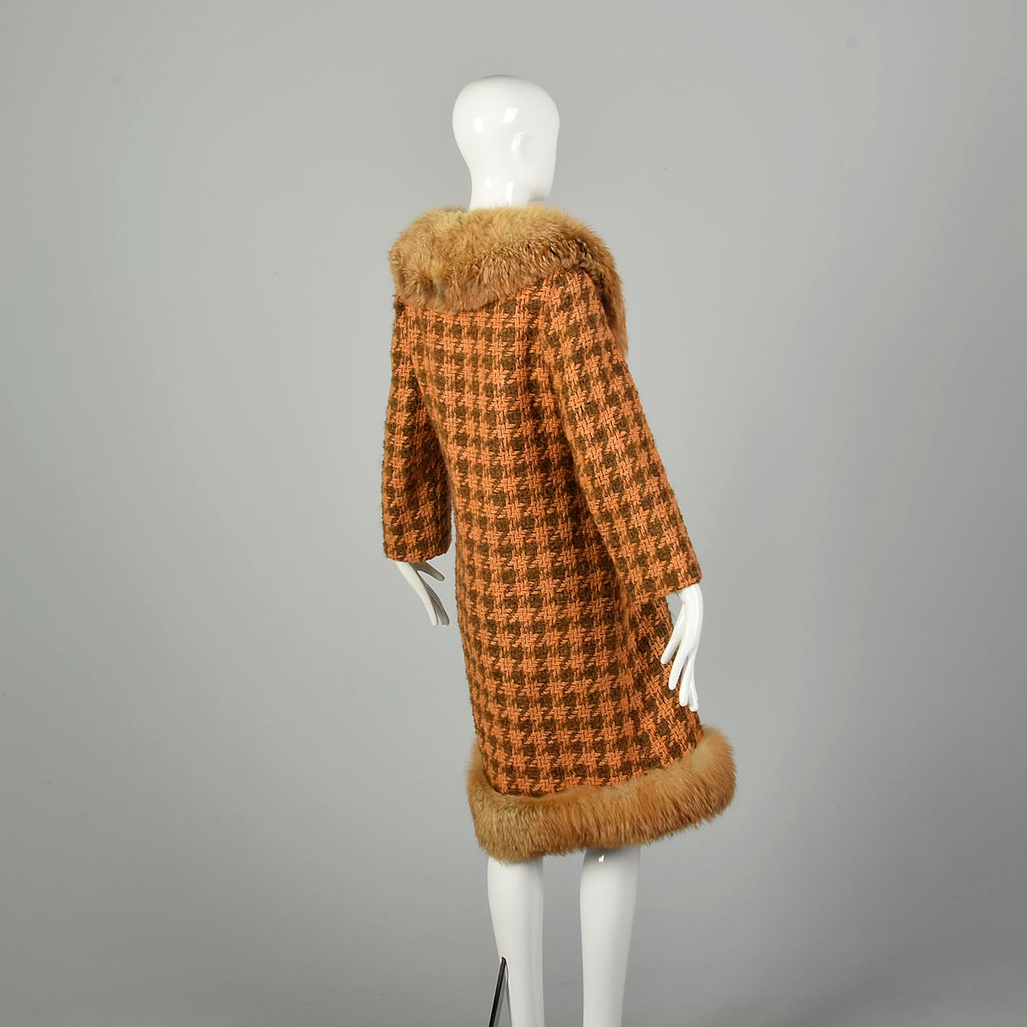 Large 1970s Coat Orange Brown Chunky Boucle Tweed Wool Real Fox Fur Winter