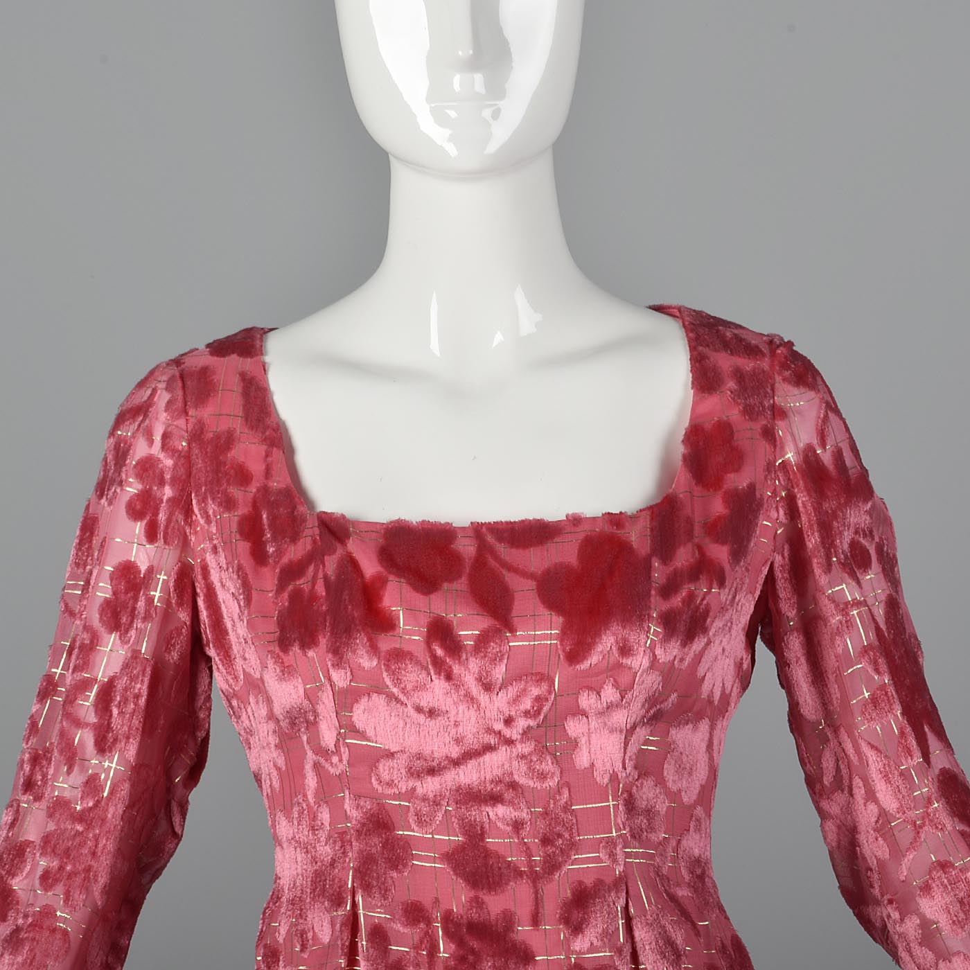 1970s Richilene Pink Burnout Velvet Empire Waist Evening Dress
