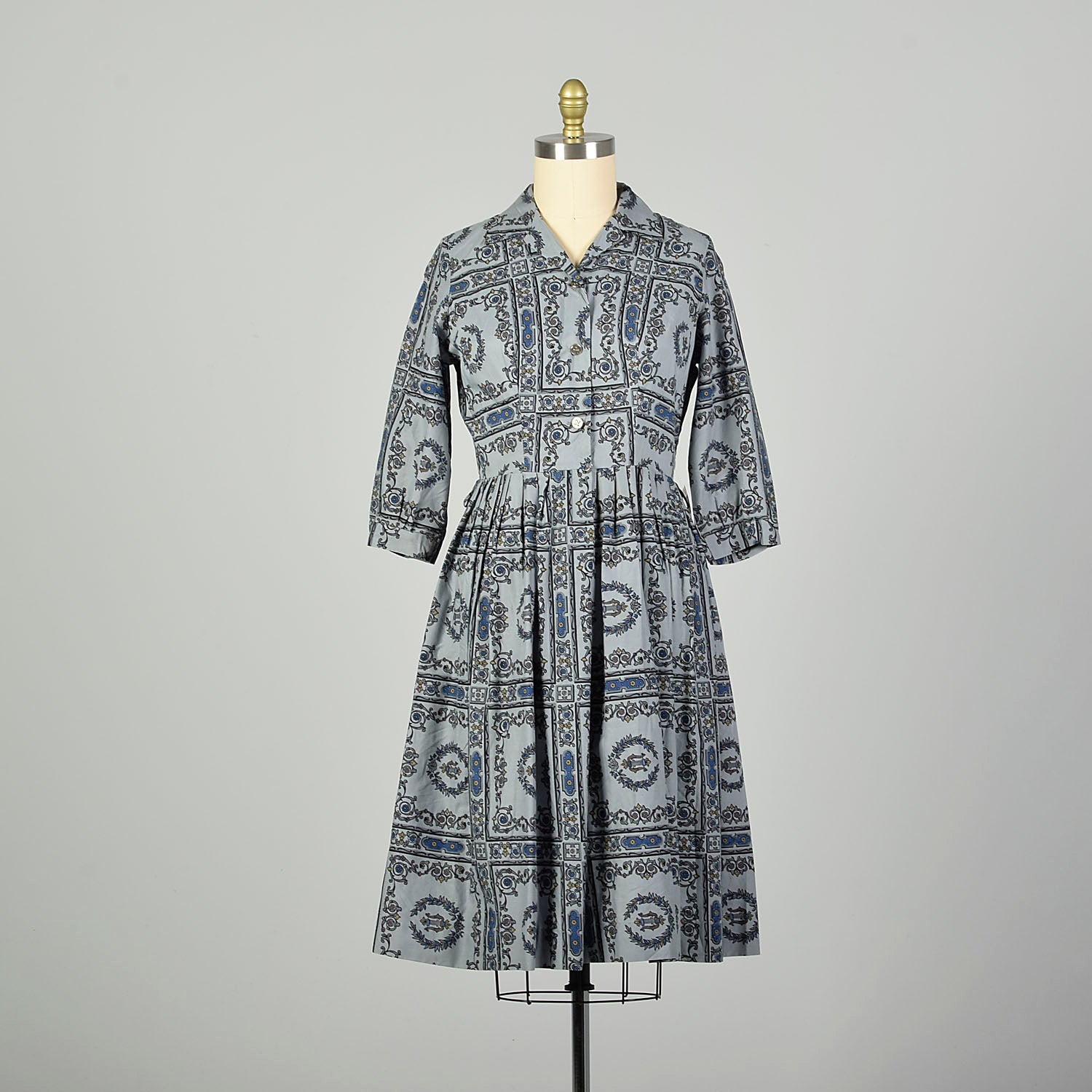 Large 1950s Day Dress Grey Novelty Block Print Cotton Summer