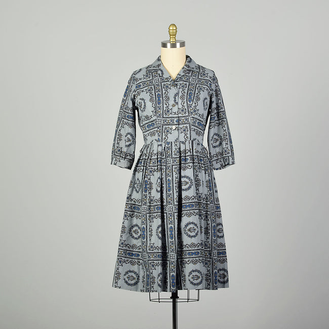 Large 1950s Day Dress Grey Novelty Block Print Cotton Summer