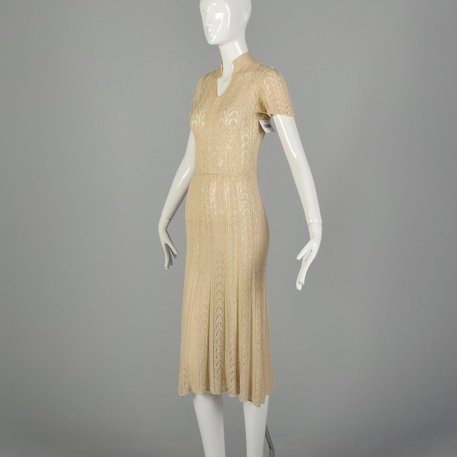 XS 1930s Hand Knit Dress Bohemian Sheer Cotton Short Sleeves