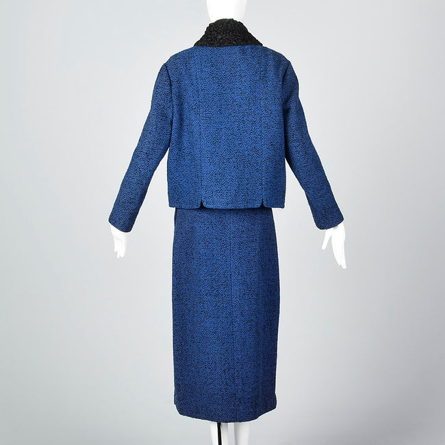 1960s Blue Tweed Skirt Suit with Persian Lamb Trim
