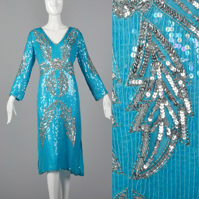 Medium 1970s India Blue Silk Sequin Cocktail Dress